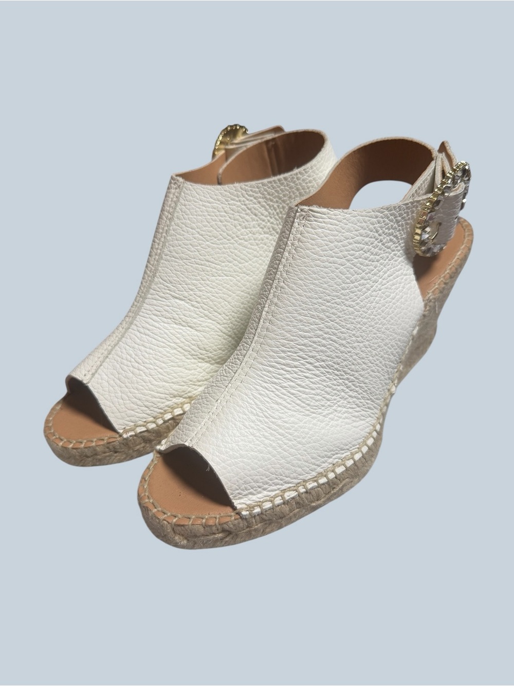 Maypol Made in Spain White Espadrille Wedge Sandals with Rhinestone Buckle - Picture 2 of 16